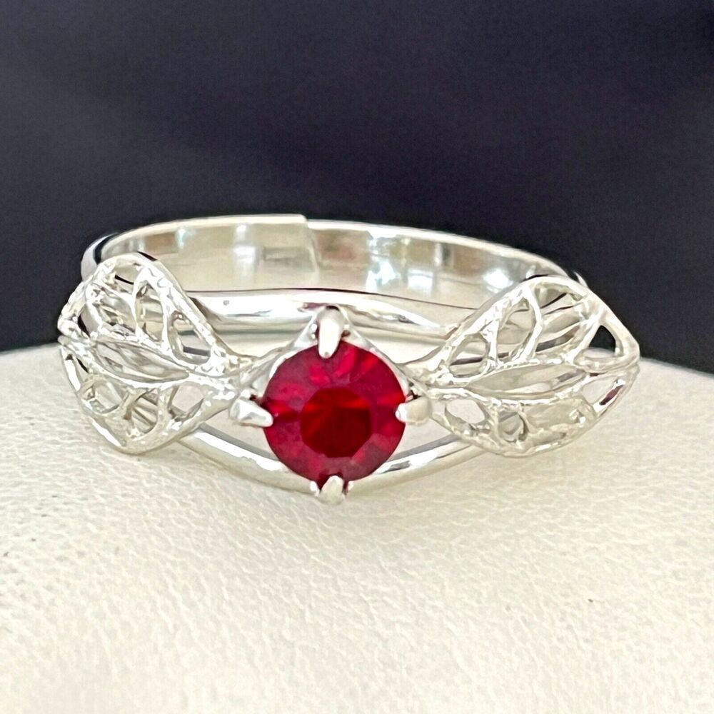Vintage 1960s Ring Silver Tone Prong Set Red Rhinestone Mid Century Modern - 4K